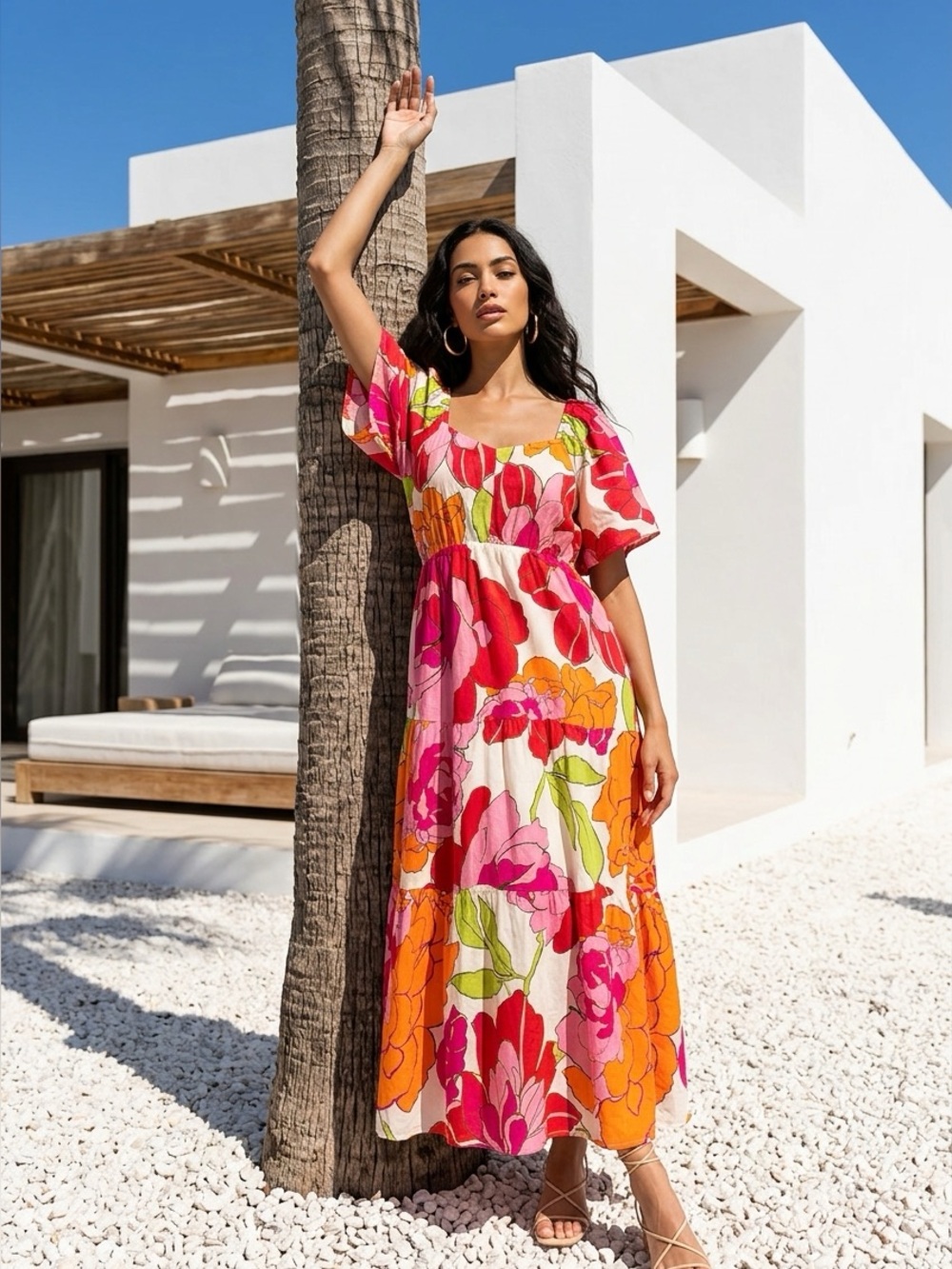 Mlle Gabrielle Floral Maxi Dress in Pink, Orange & Cream